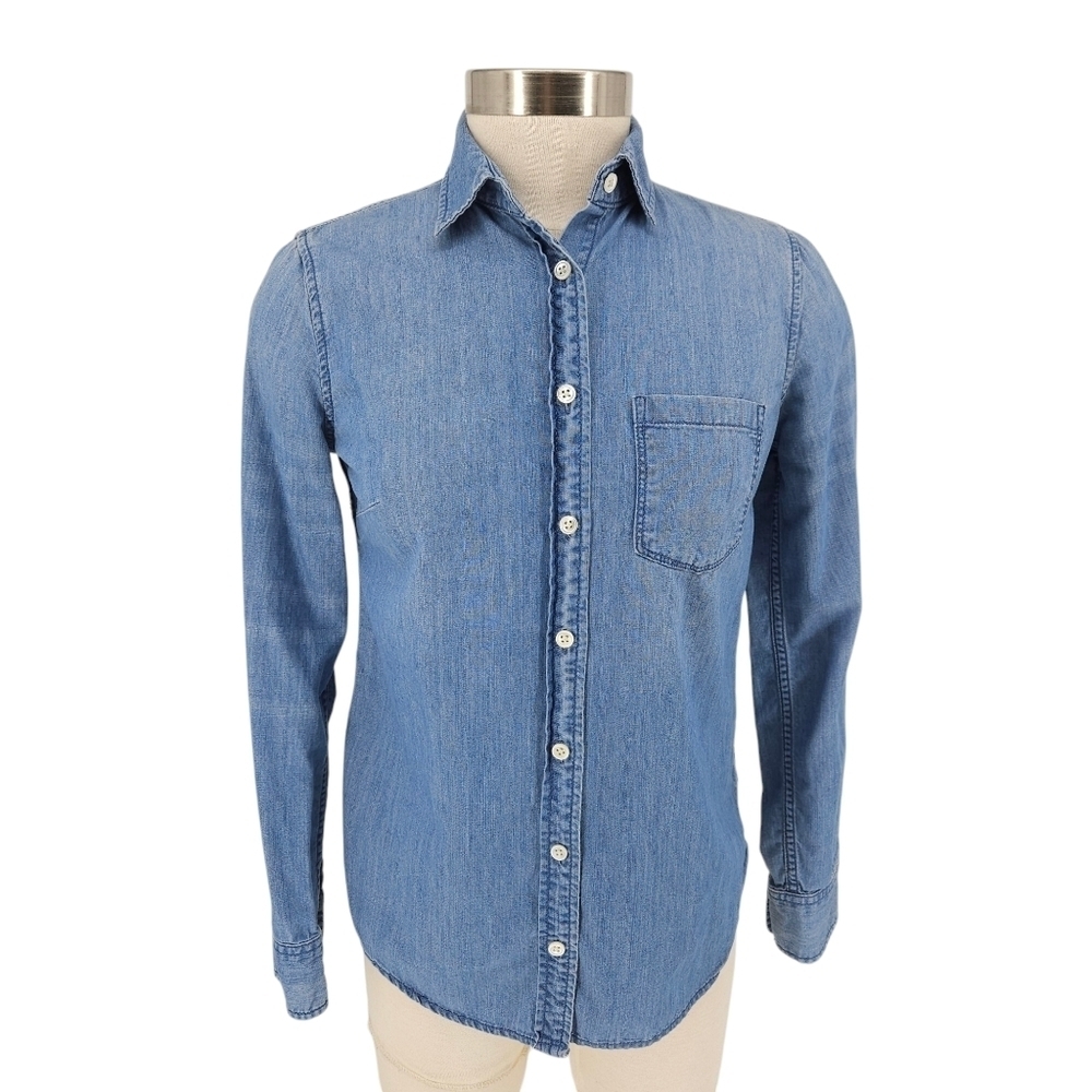 J.CREW Denim Shirt Medium Wash Long Sleeve Button Up Collared Top 0